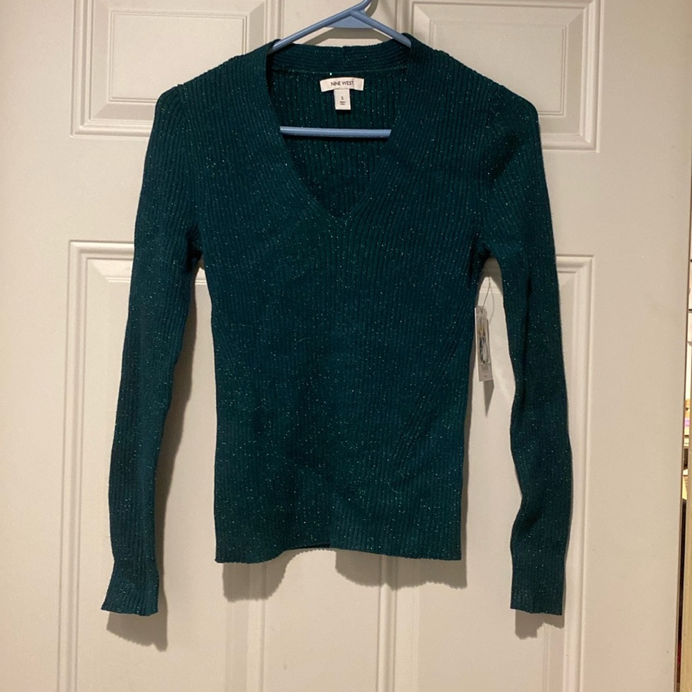 Nine West Green Sparkly Long Sleeve V-Neck Size S